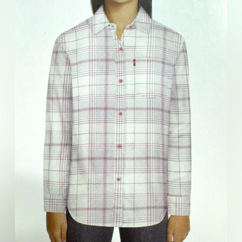 Levi’s Plaid Flannel Pink Gray Collar Long Sleeves Girl’s Button Up Shirts, M-L